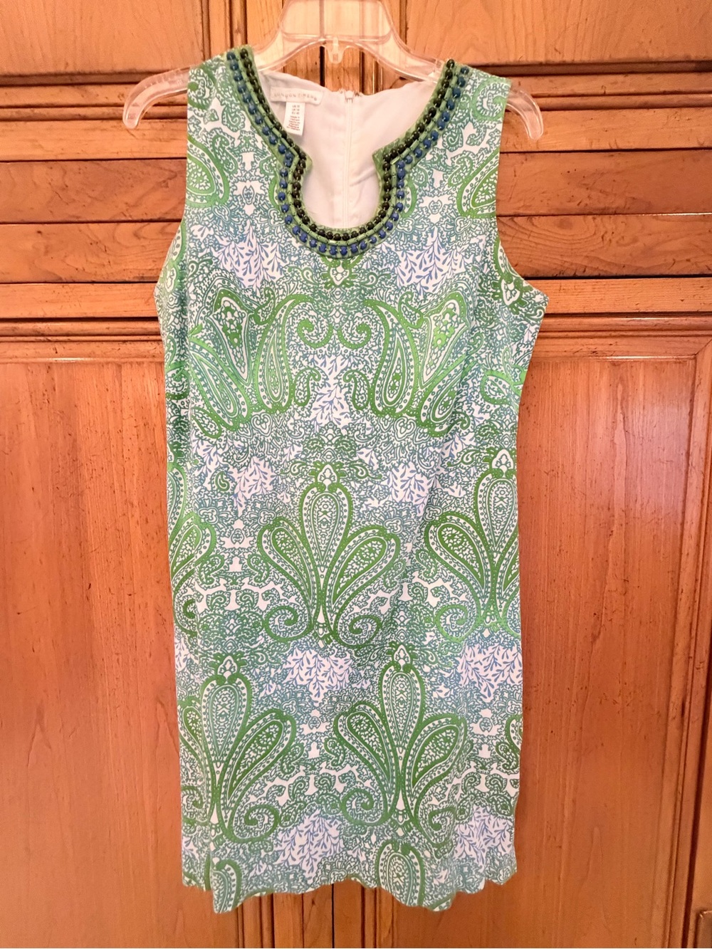 London Times Green and White Paisley Beaded Neckline Shift Dress